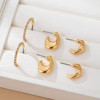Gold Huggie & Dome Hoop Earring Trio – Rhinestone Half Band Layered Set
