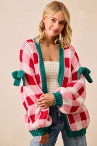 Holly Jolly Check Knit Cardigan – Pink & Red Plaid Christmas Sweater with Ribbon Detail