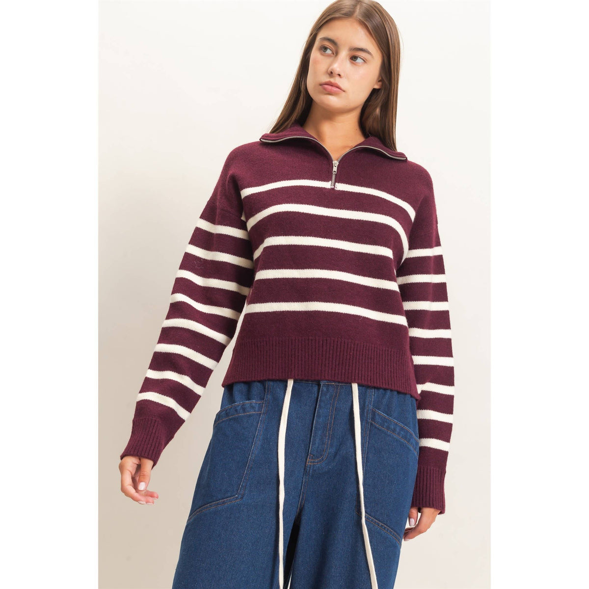 Varsity Stripe Quarter Zip Sweater: Dark Cherry