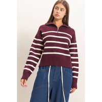 Varsity Stripe Quarter Zip Sweater: Dark Cherry