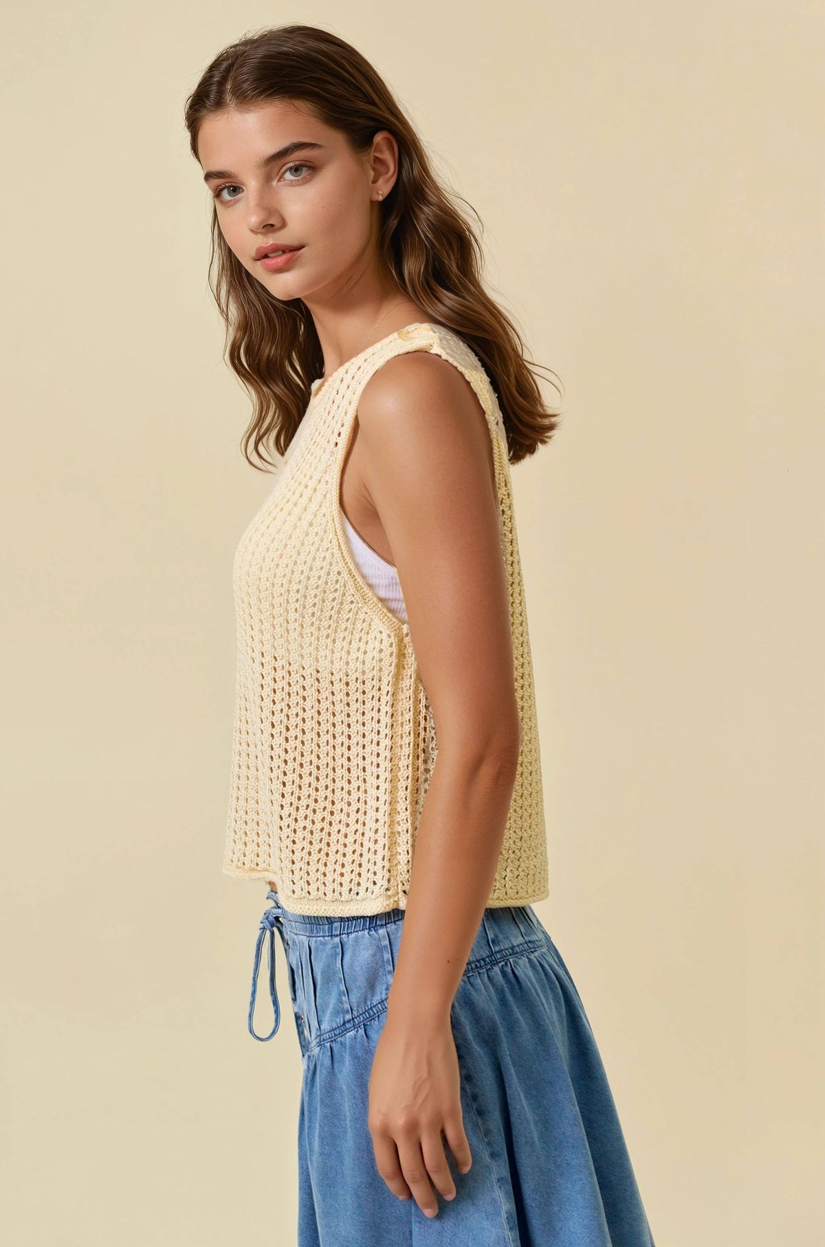 Briella Open Stitch Sweater Tank : Cream – Women’s Lightweight Knit Layering Top