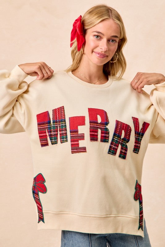 The Holly Jolly Plaid “Merry” Sweatshirt – Cream
