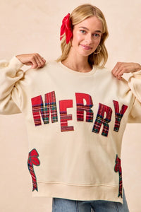 The Holly Jolly Plaid “Merry” Sweatshirt – Cream