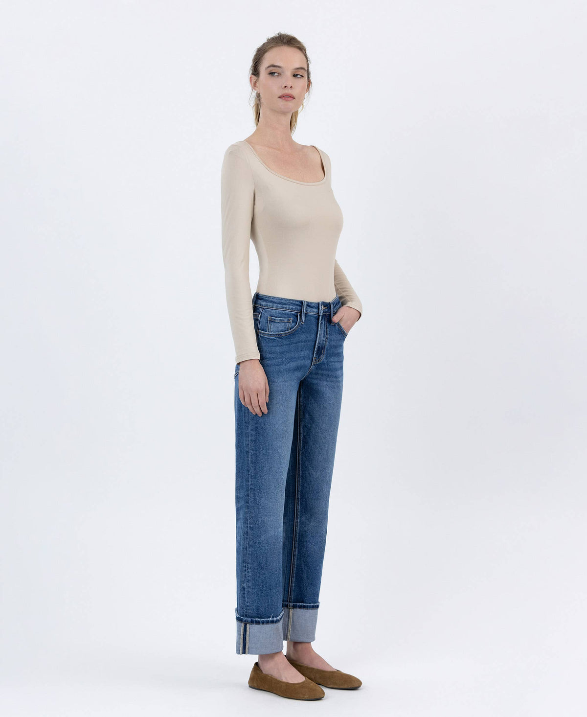 Lovervet "Hallie" Cuffed Straight Leg Jeans: Dark Wash