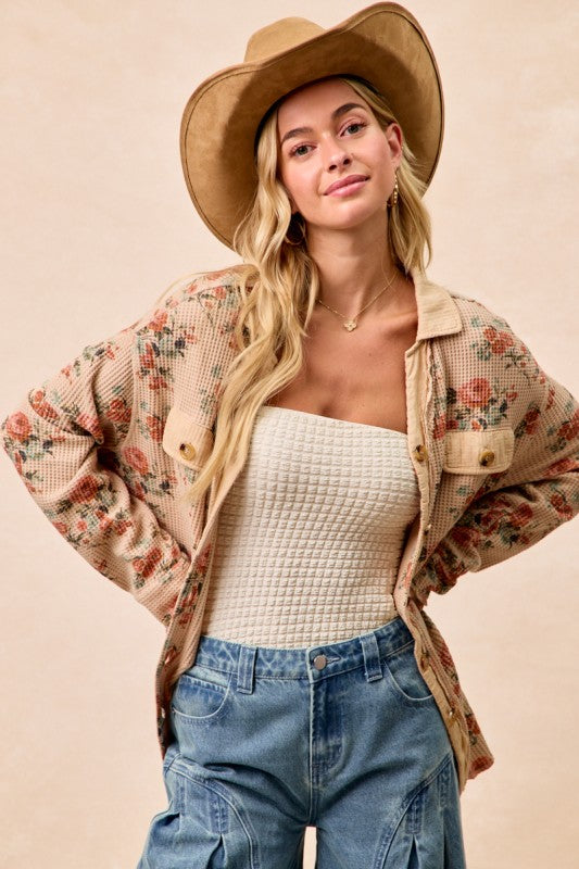 Maribel Floral Waffle Knit Shacket – Women’s Casual Layering Jacket