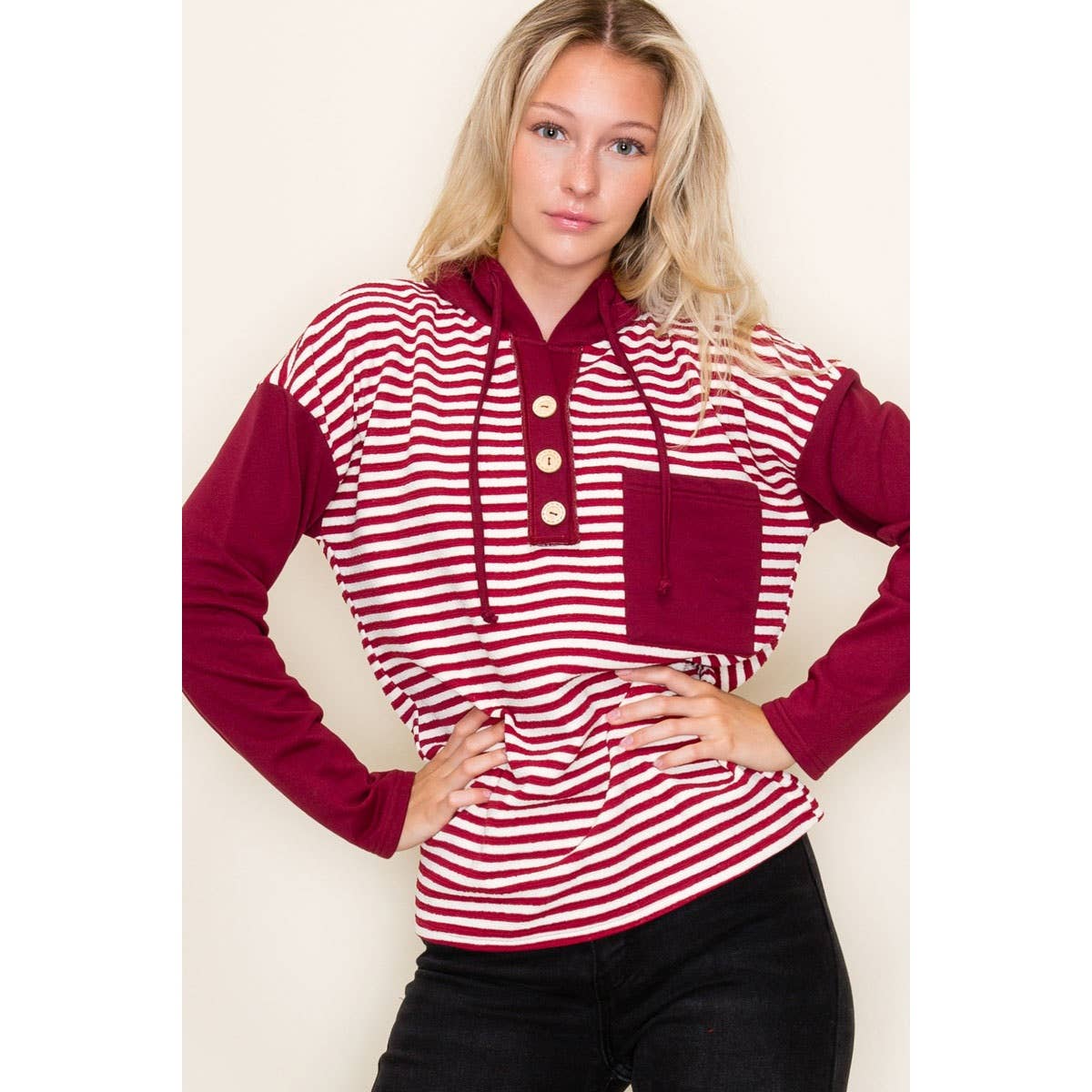 COLOR BLOCK STRIPED HOODIE TOP: OLIVE / S-M-L-XL(2-2-2-1)