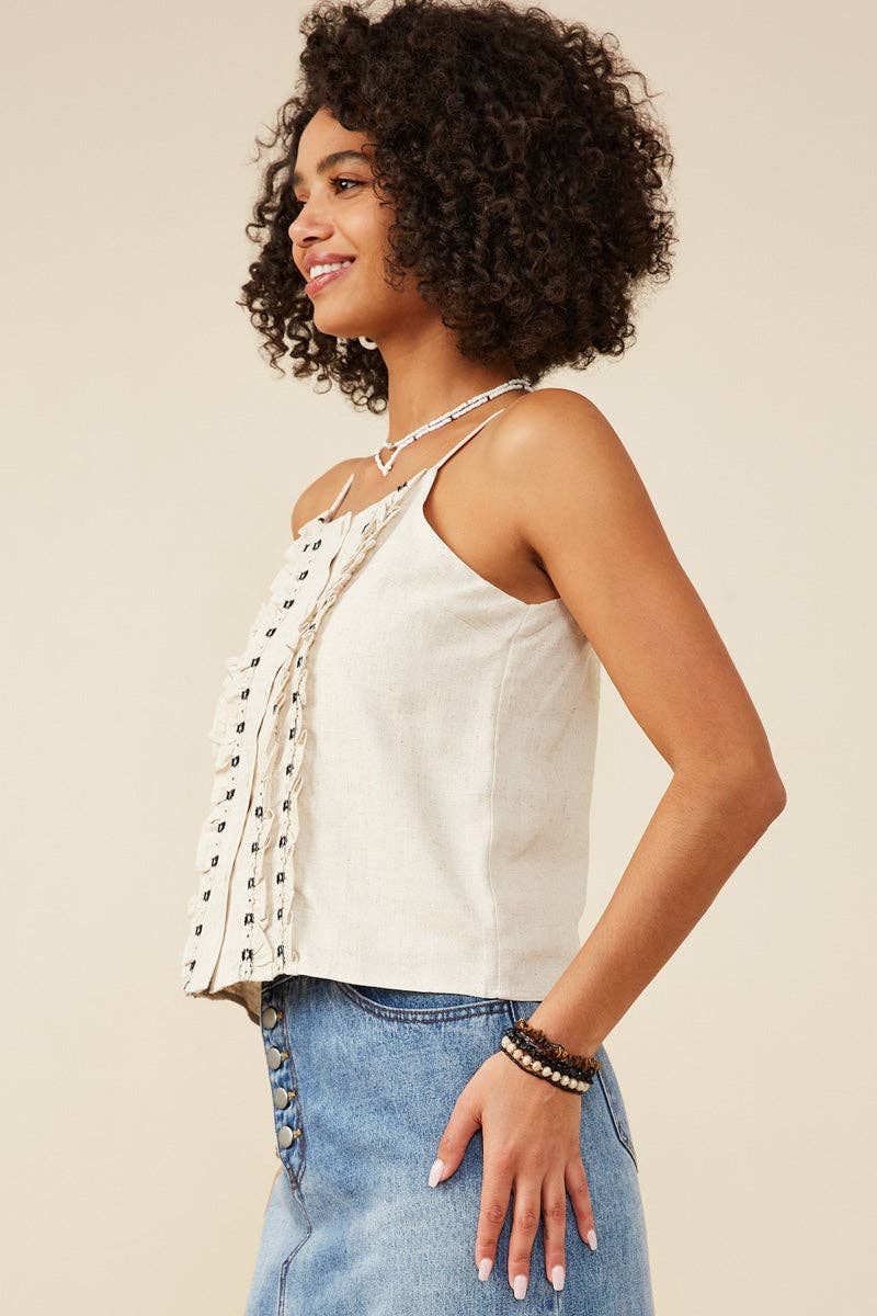 Willow LaneBoho Trim Linen Tank: Oatmeal
