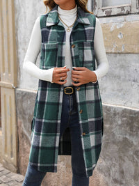 The Emery Sleeveless Plaid Longline Vest – Tan & Black Fall Layer