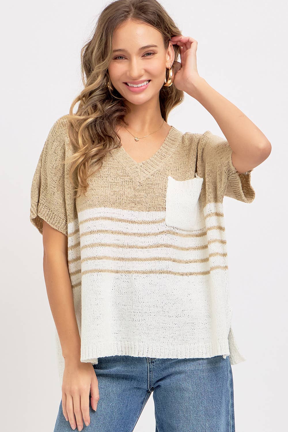 Isla Slouchy Striped Knit Top – Oversized V-Neck Sweater Tee