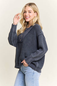 Worth a Look Cotton Henley Sweater: Navy