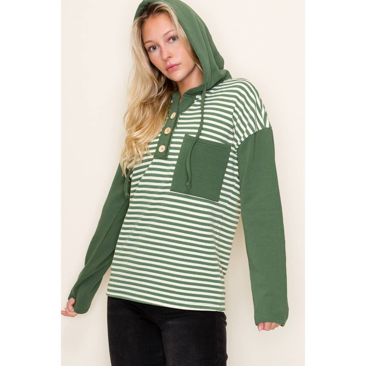 COLOR BLOCK STRIPED HOODIE TOP: OLIVE / S-M-L-XL(2-2-2-1)