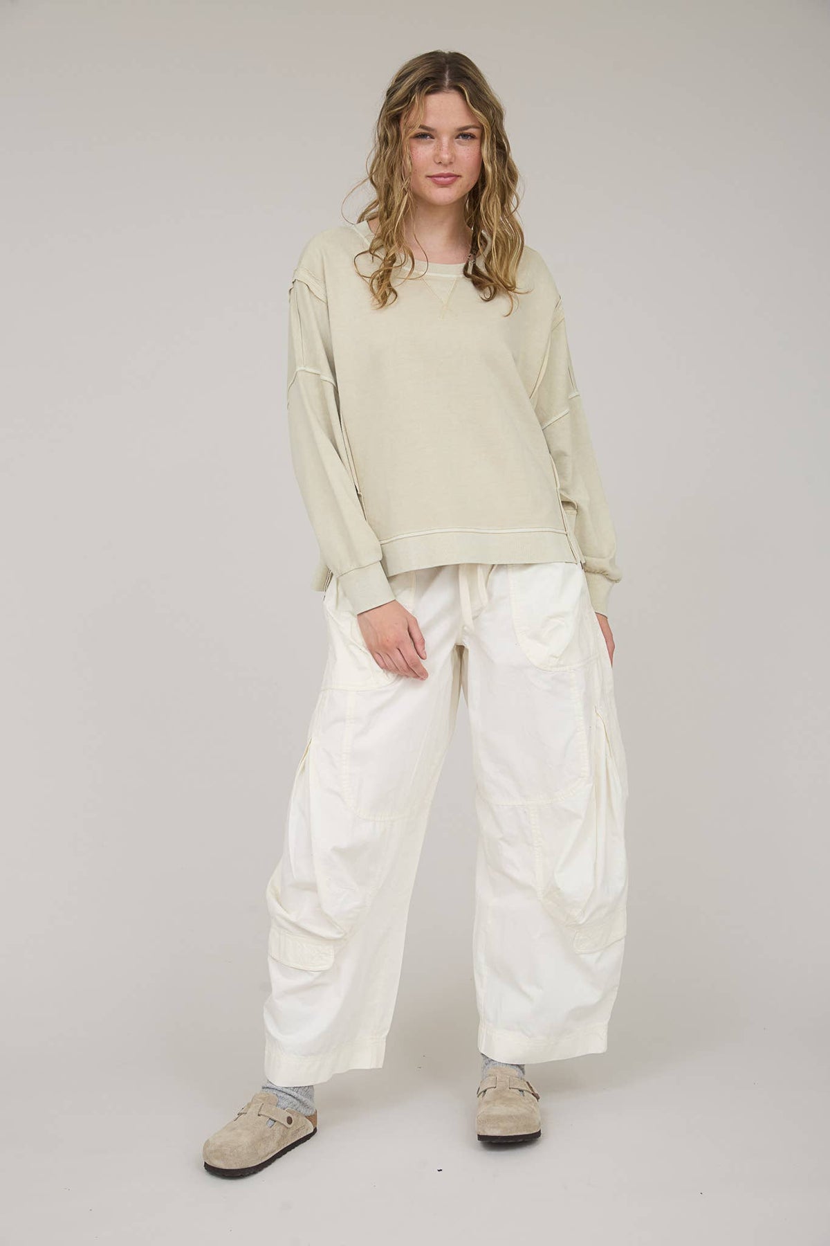 The Dahlia Vintage Wash Crewneck Top: Oatmeal