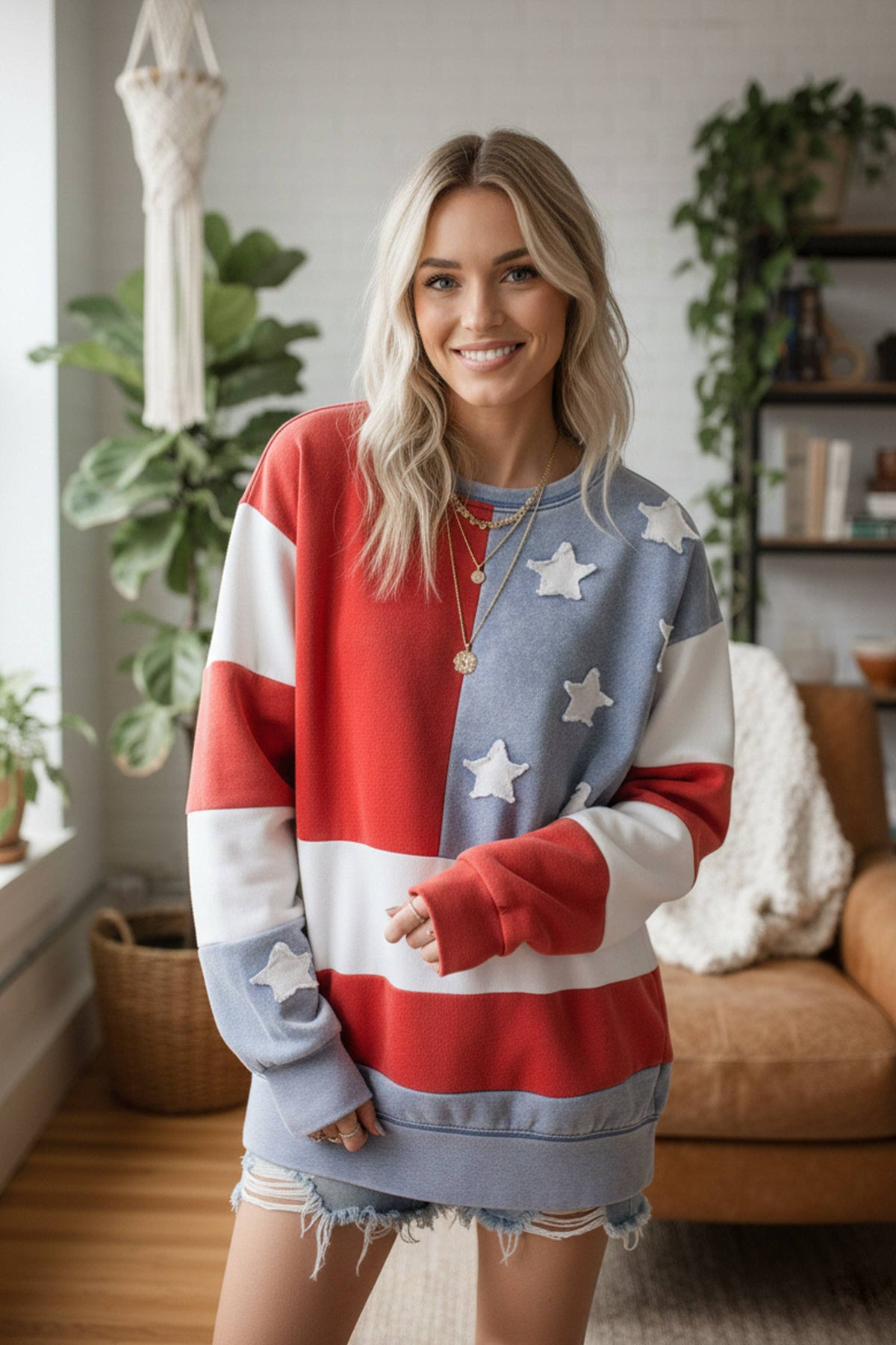 Americana Flag Graphic Sweatshirt – Patriotic Crewneck Pullover for Women