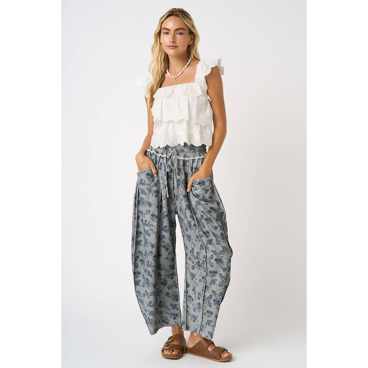 Vintage Blue Floral French Terry Barrel Pants: Grey
