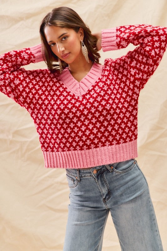 Poppy V-Neck Textured Holiday Sweater – Pink & Red Colorblock Knit Top