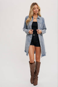 Billie Denim Distressed Long Sleeve Shirt Dress: Medium Wash