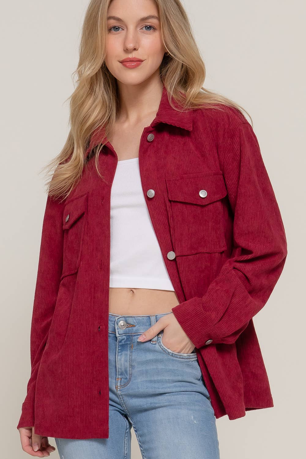 Amber Long Sleeve Front Pocket Button Down Corduroy Jacket: Burgundy