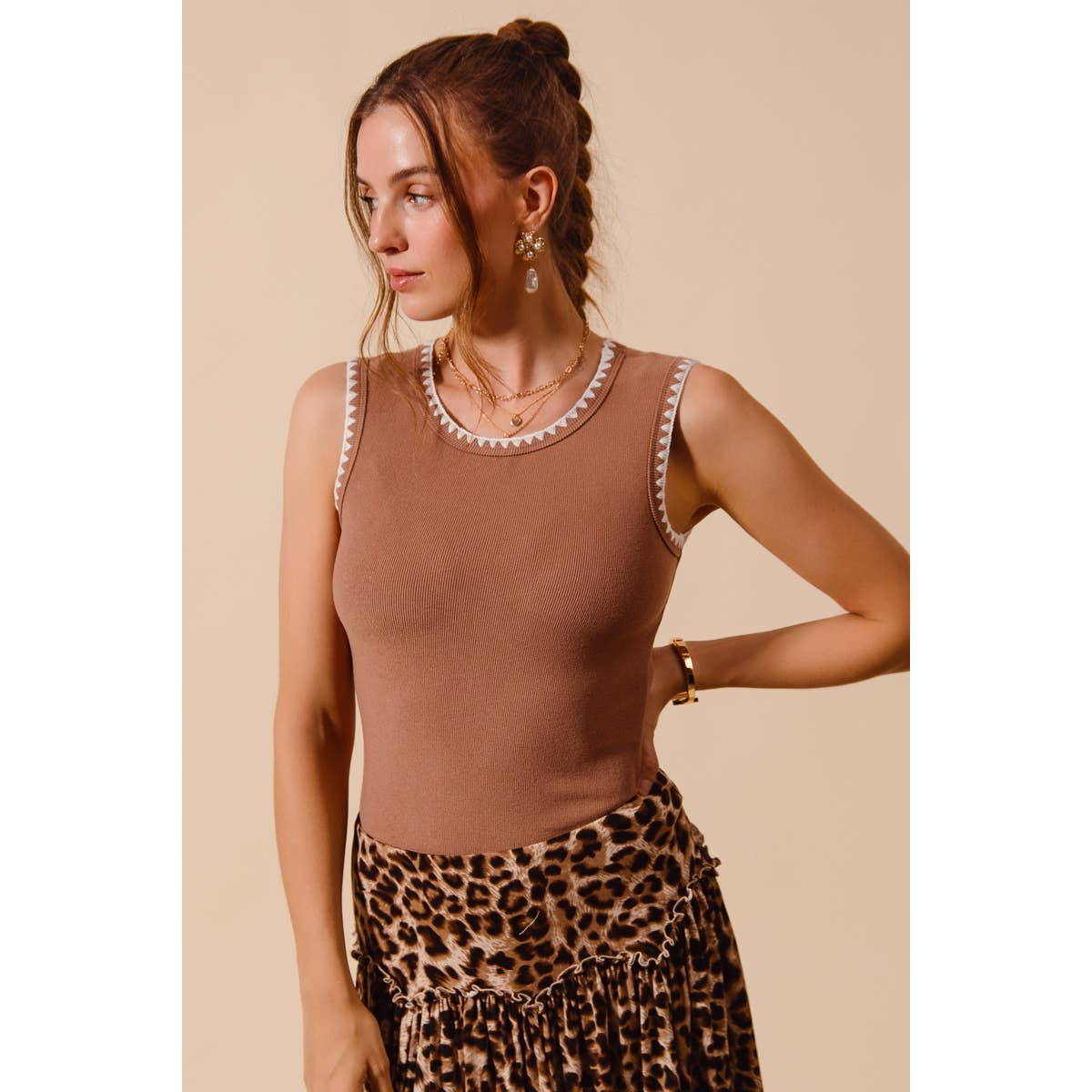 Avery Contrast Embroidered Ribbed Tank: Caramel