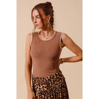 Avery Contrast Embroidered Ribbed Tank: Caramel
