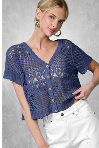 The Freya Crochet Cardigan Top: Indigo– Boho Open Knit Button Front Lace Top