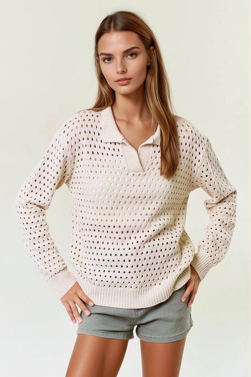 The Lila Open Stitch Polo Sweater – Natural Cream