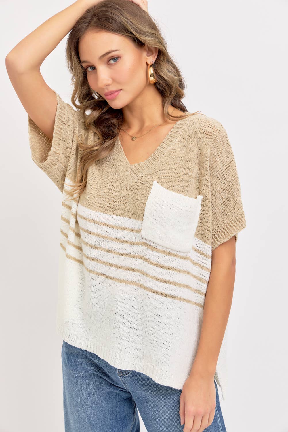 Isla Slouchy Striped Knit Top – Oversized V-Neck Sweater Tee