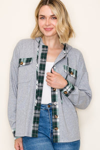 Aspen Woods Plaid Contrast Hoodie Shacket – Cozy Button Down Brushed Knit Layer for Fall & Winter