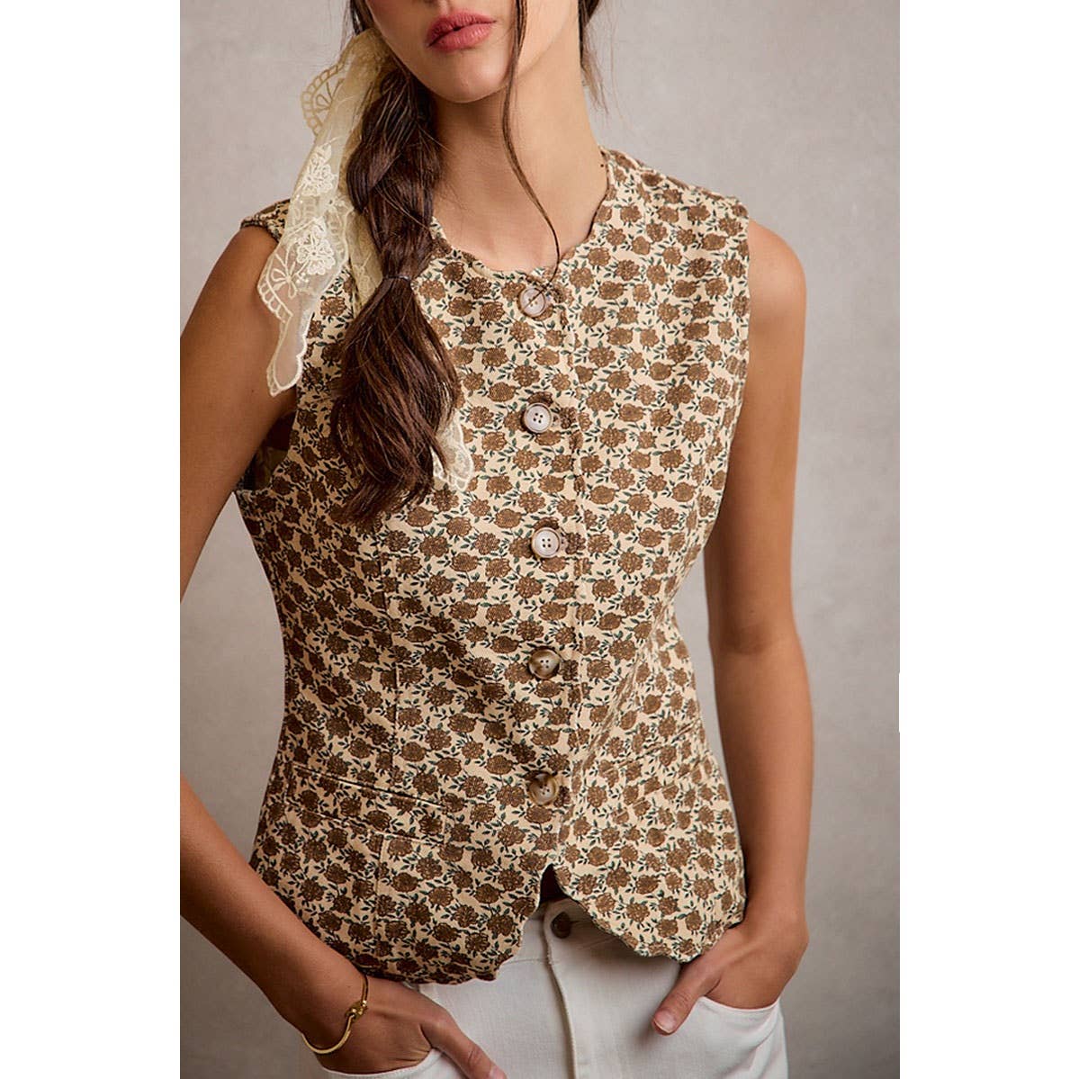 Heirloom Floral Button Vest: Cream/Multi