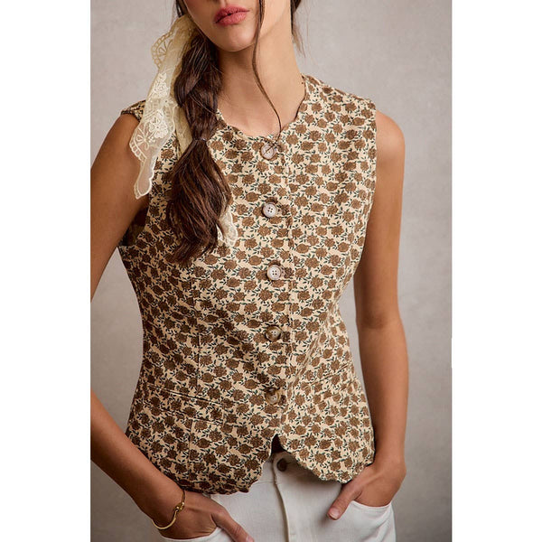 Heirloom Floral Button Vest: Cream/Multi