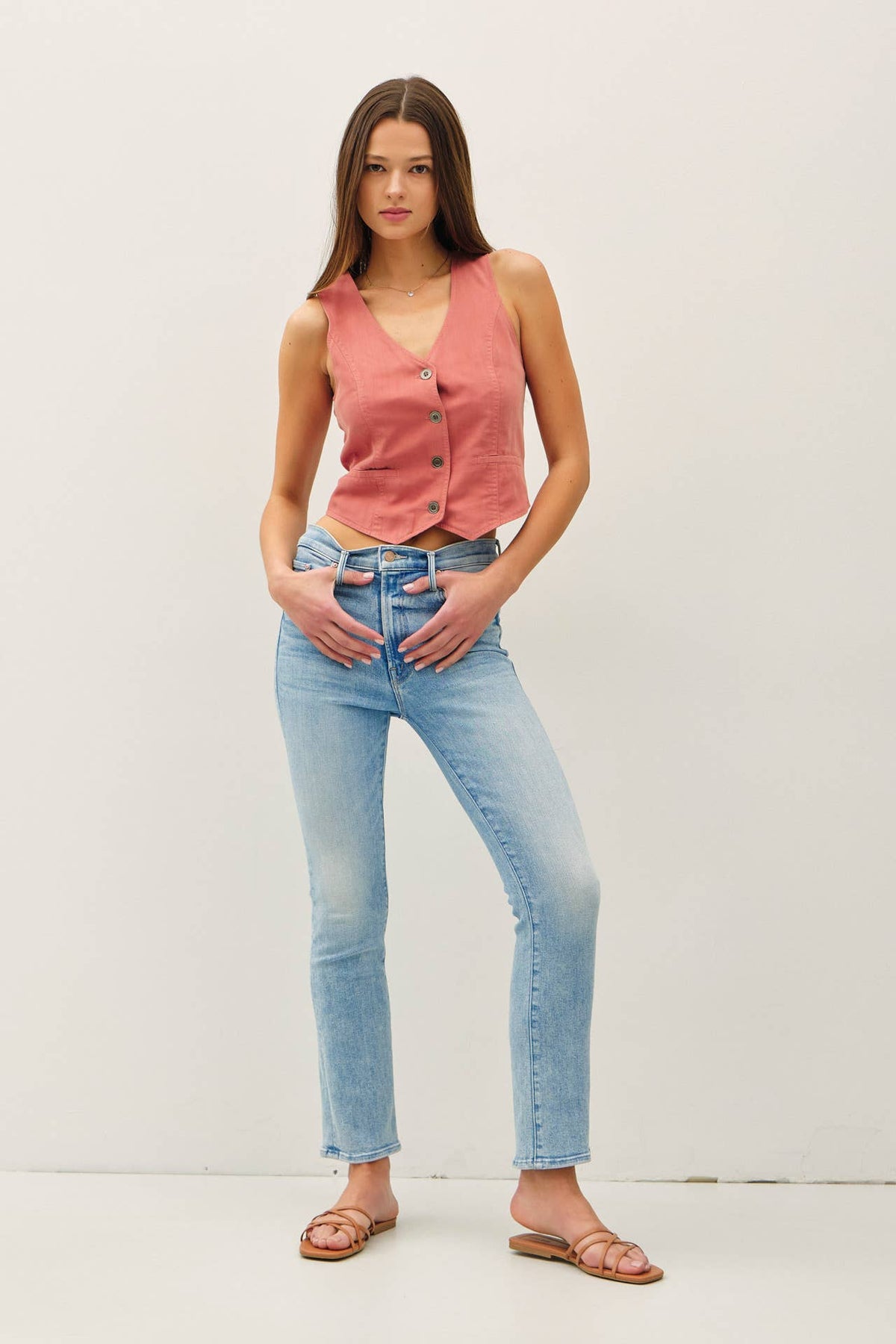 The Delaney Washed Button-Up Vest – Tencel Tailored Fit in Sandstone, Coal, & Clay Rose