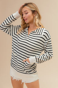 Going Coastal Collared Striped Long Sleeve Top: Ivory/ Black