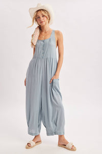 Easy Breeze Button Front Jumpsuit: Coastal Blue