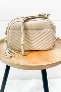 Veronica V-Stitch Tassel Crossbody Bag – Coffee & Stone | Faux Leather Small Purse with Double Zipper Top, Adjustable Strap, Gold Hardware