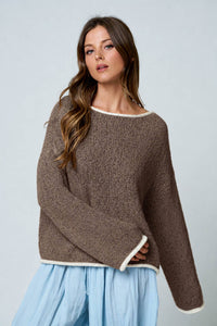 BOAT NECK CONTRAST TRIM LONG SLEEVE KNIT SWEATER : MOCHA