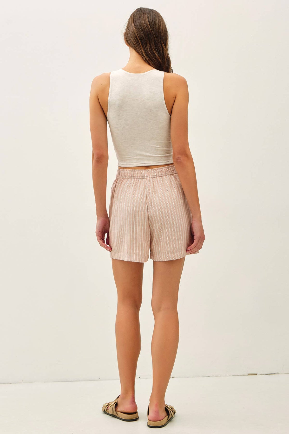 The Rory Striped Linen Blend Shorts: Hazelnut – Lightweight Elastic Waist Summer Shorts