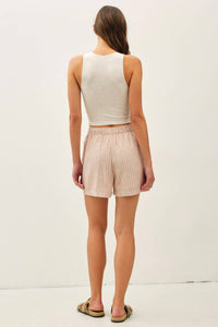 The Rory Striped Linen Blend Shorts: Hazelnut – Lightweight Elastic Waist Summer Shorts