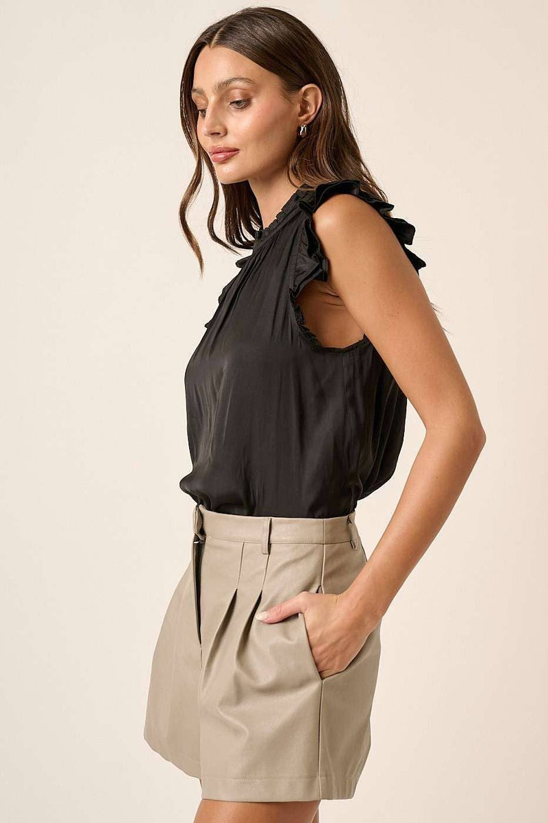 Jasmine Satin Ruffle Sleeveless Blouse: Black