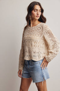 The Meadow Crochet Lace Long Sleeve Top: Ecru
