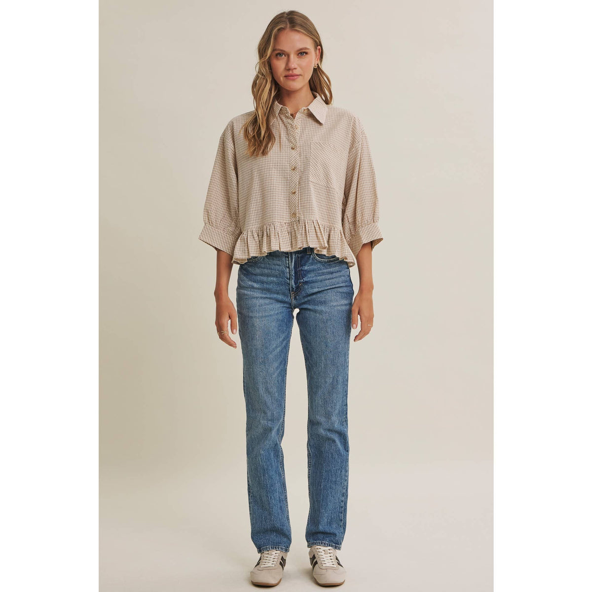 MORNING OAT MICRO CHECK RUFFLE HEM BUTTON-DOWN SHIRT: VANILLA / S
