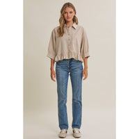 MORNING OAT MICRO CHECK RUFFLE HEM BUTTON-DOWN SHIRT: VANILLA / S