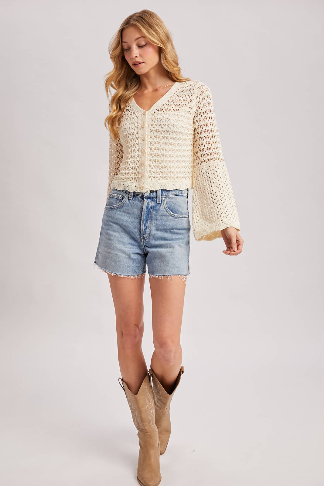 Ivory Crochet Button Front Cardigan: Ecru