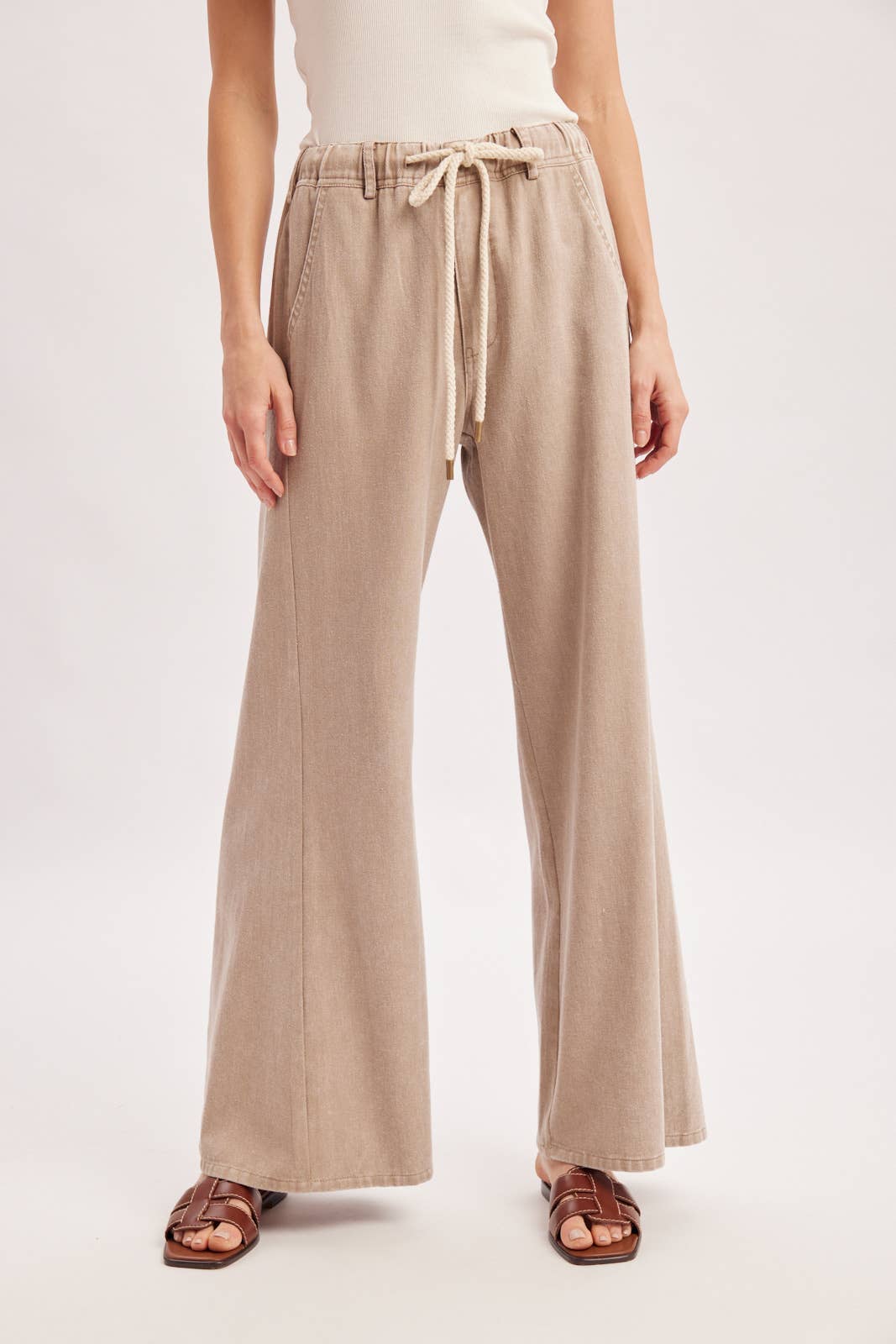 Easy Going Washed Wide Leg Pants: Sand