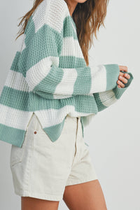 The Elodie Striped Cropped Knit Sweater: Ivory/Sage – Soft Long Sleeve Pullover