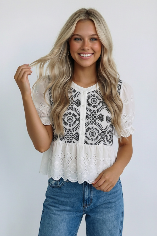 The Lila Embroidered Peplum Top: White