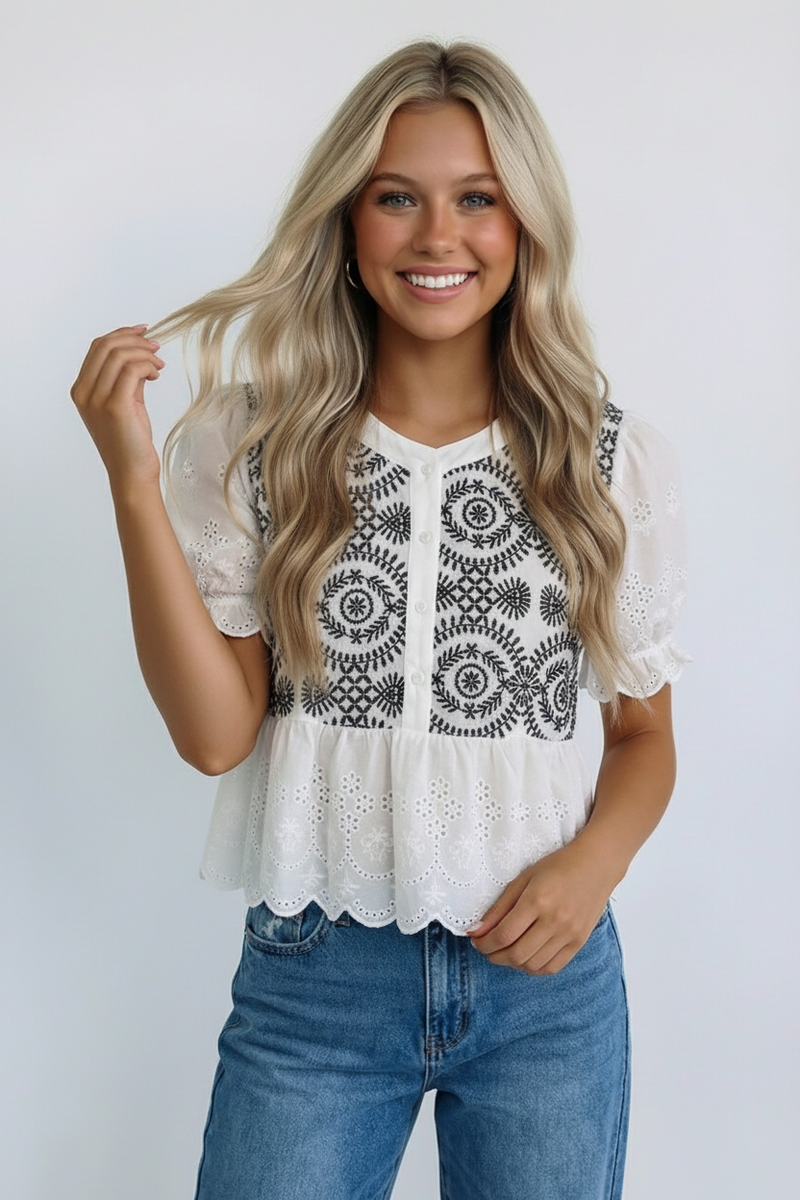 The Lila Embroidered Peplum Top: White