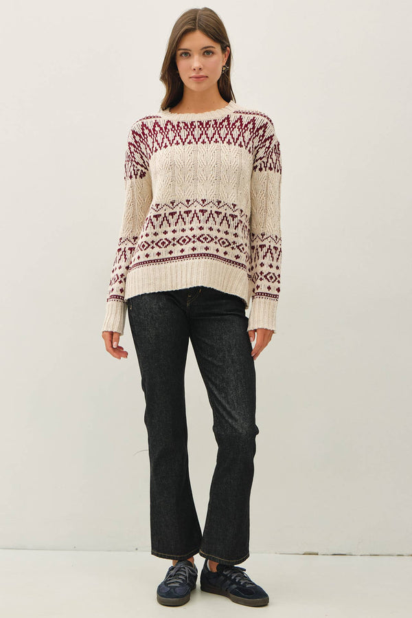 The Storybook Fair Isle Sweater: oatmeal/burgundy