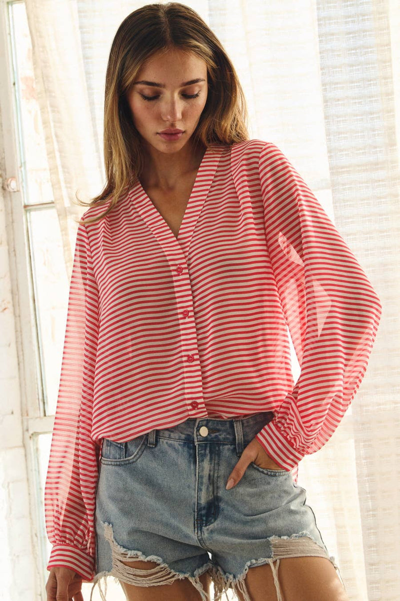 The Hadley Striped Blouse: Hot Pink Stripe – Lightweight Button Front Relaxed Fit Top