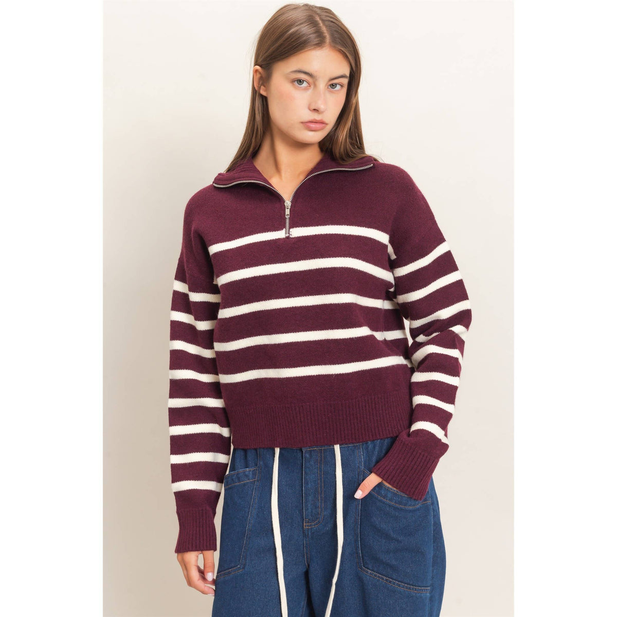 Varsity Stripe Quarter Zip Sweater: Dark Cherry