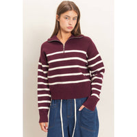 Varsity Stripe Quarter Zip Sweater: Dark Cherry
