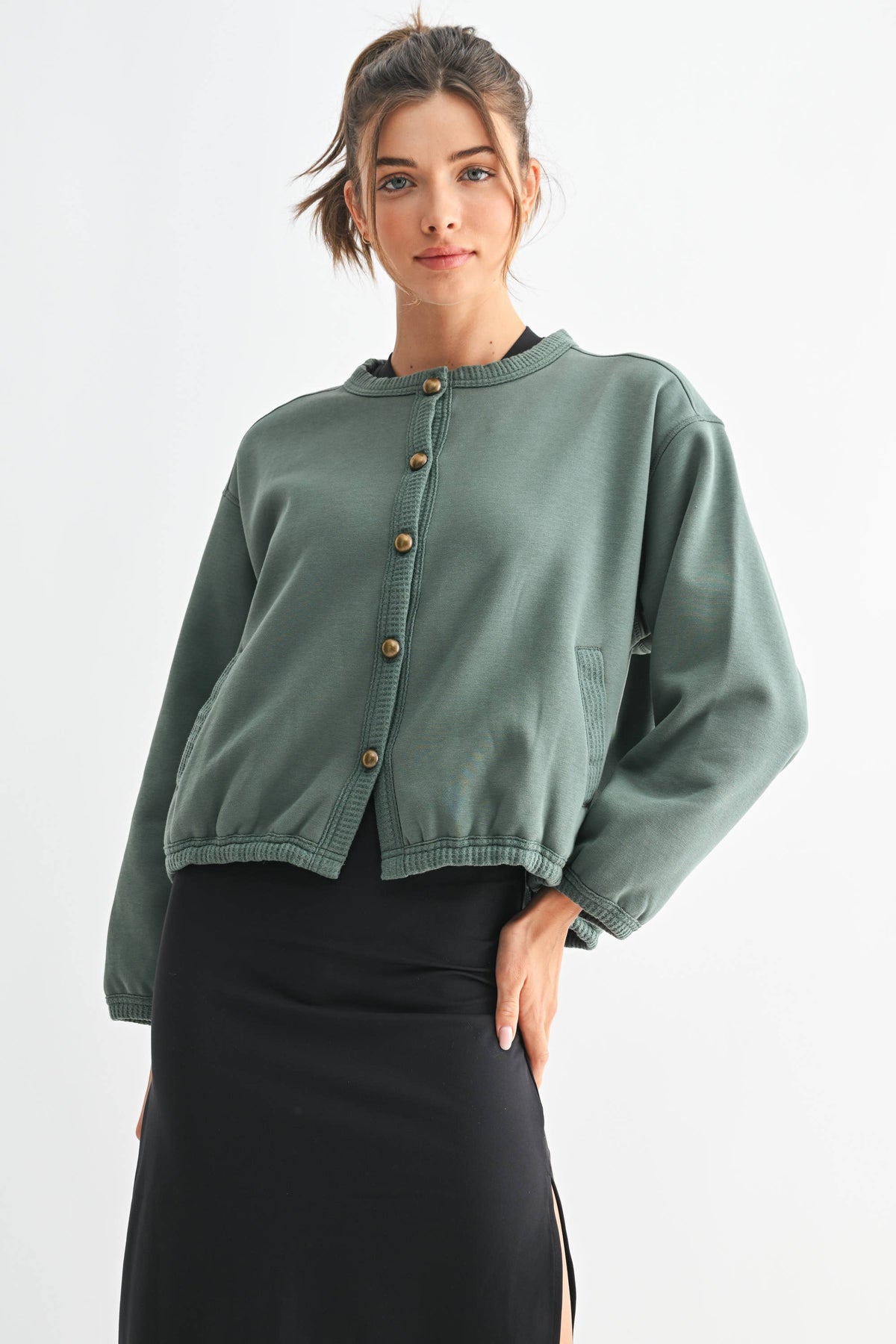 The Maribel Bubble Hem Cardigan: Pine – Vintage Button Front Knit